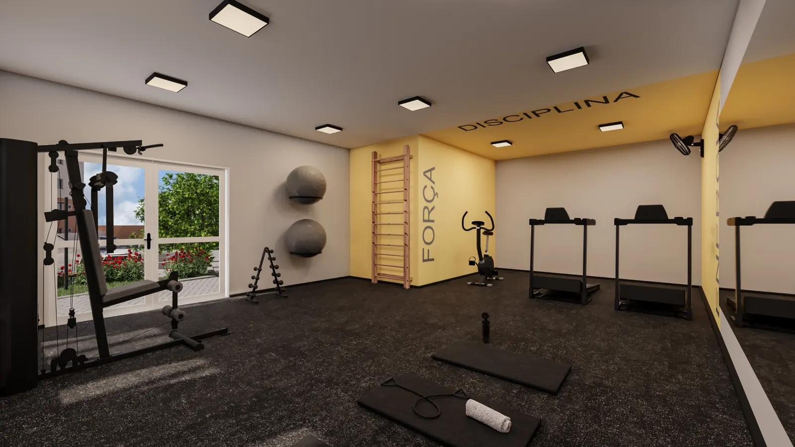 Sala de ginástica do Vista Tropical com esteiras e equipamentos de treino