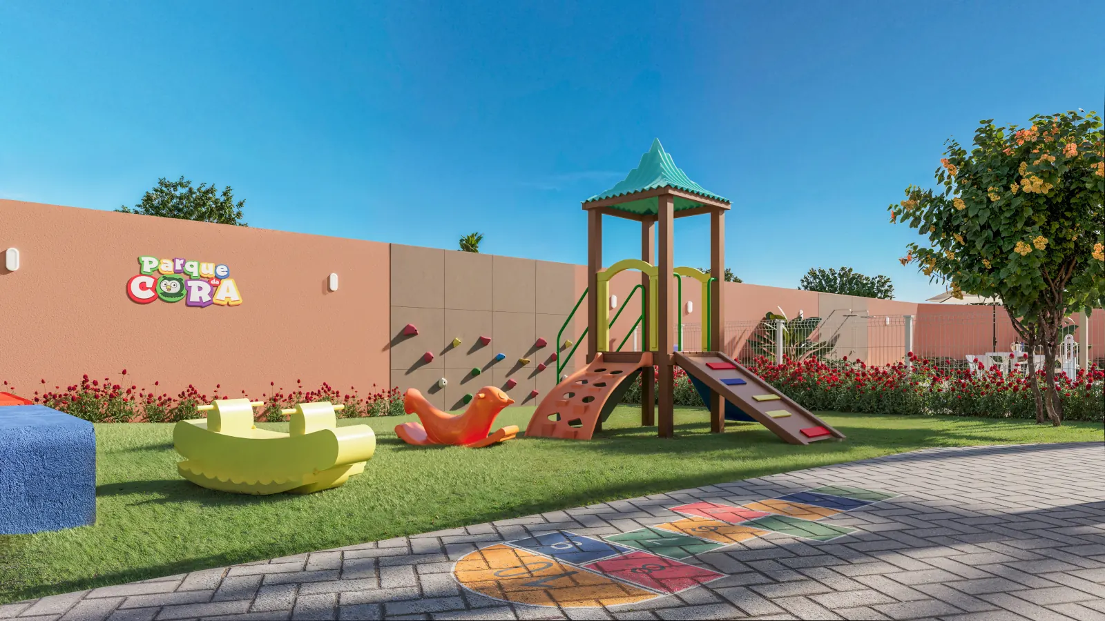 Parque da Cora, playground do Vista Tropical, com escorregador e brinquedos
